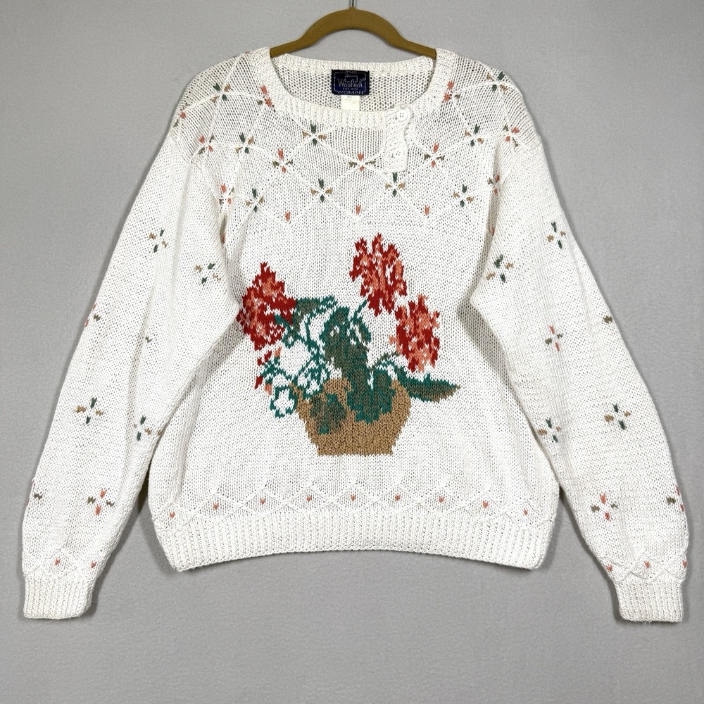 Vintage Woolrich Sweater‎ Womens Large Floral Flower Basket Embroidered Cottage